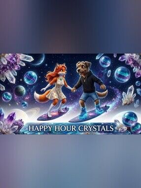 Happy Hour Crystals Art Print - Fox & Dog Surfing in Space